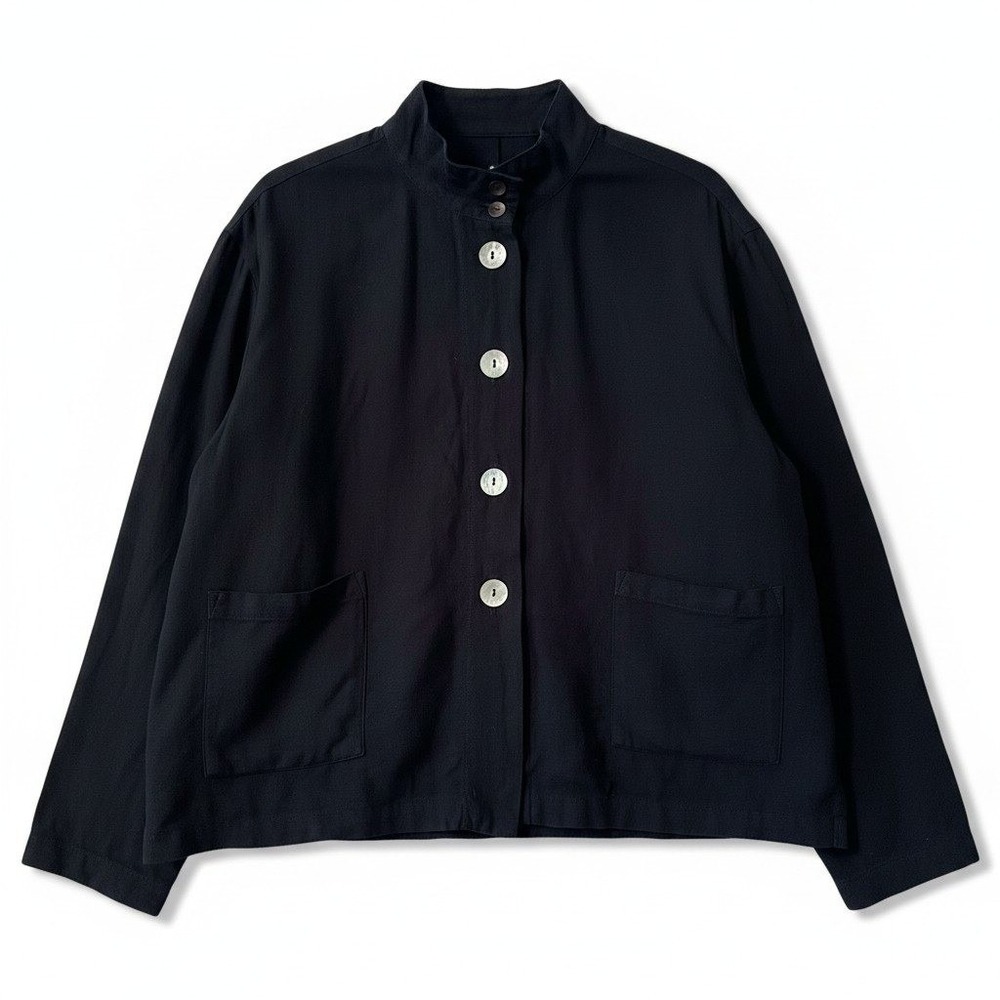 Gerties‎ Black Linen Blend Lagenlook mother of pearl Button Mock Neck Jacket M